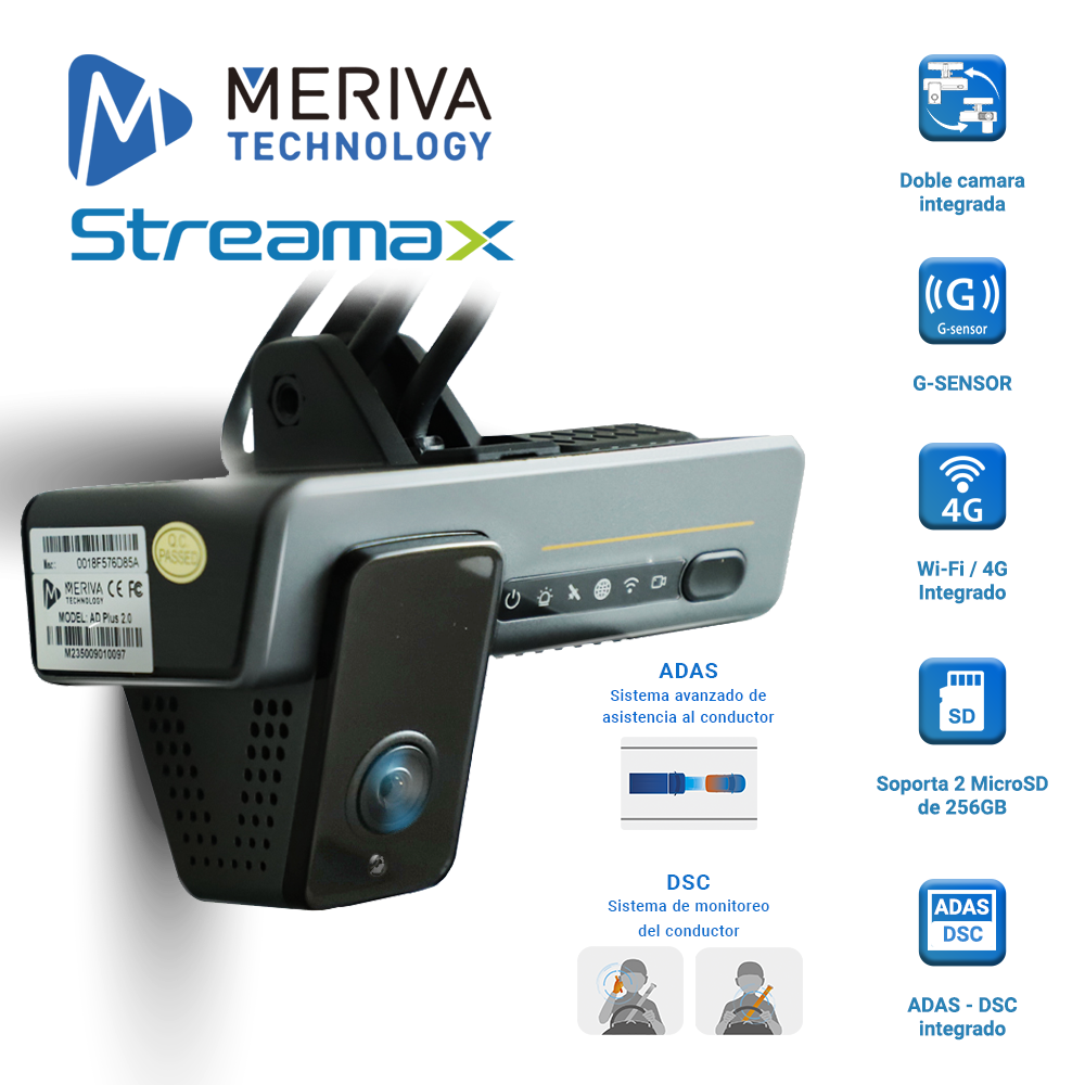 Imagen de MDVR TIPO DASHCAM MERIVA STREAMAX ADPLUS 2.0 CON INTELIGENCIA ARTIFICIAL INTERGADA / DOBLE CAMARA INTEGRADA / 4G / GPS / WIFI / SOPORTA 2 MICRO SD / SOPORTA 4 ENTRADAS DE ALARMA (SOPORTA SALIDAS CON HUB ADICIONAL) / SOPORTA DOS CAMARAS ADICIONES (1 AHD Y 1 IP)