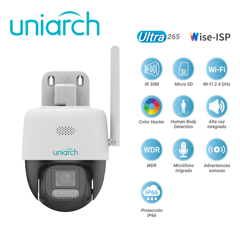 Imagen de CAMARA IP PT WI-FI CLOUD GRATUITO 7 DIAS COLORHUNTER WISE-ISP UNIARCH UHO-P3C-M5F4 / 5MP / LENTE-4MM / DWDR / LUZ-CALIDA30M / MICROSD512GB / MICRÓFONO+ALTAVOZ-INTEGRADO / ADVERTENCIAS-SONORAS+LUMINOSAS / HUMAN-BODY-DETECTION / WI-FI2.4 / IP66 / ULTRA 265