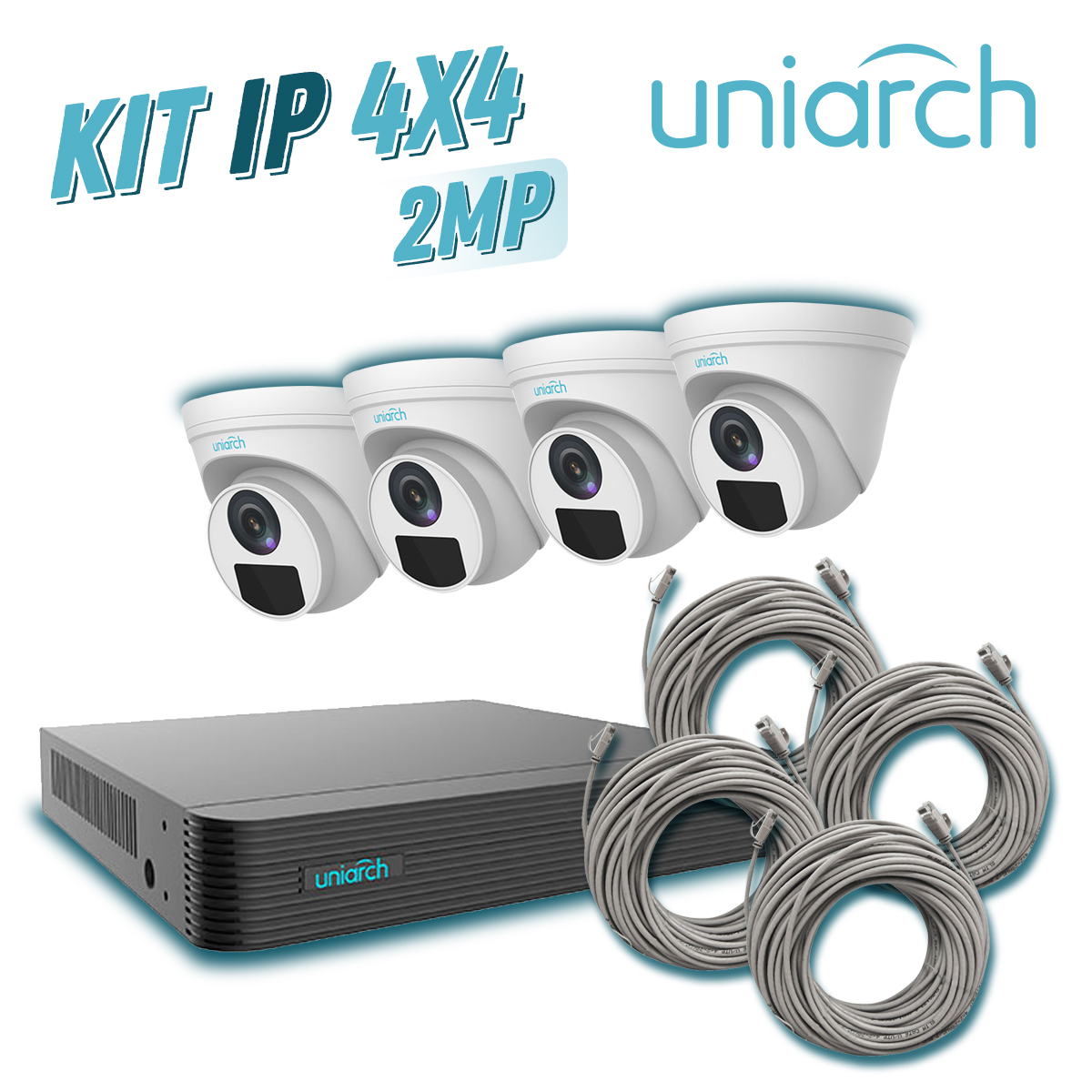 Imagen de KIT 4X4 UNIARCH IP EXTERIOR TURRET 2MP 1080P INCLUYE 1 NVR POE 4 PTOS + 4 CAM TURRET IP 2 MP 2.8 MM SLOT MICRO SD + 4 CABLES PREPONCHADOS DE 18MTS