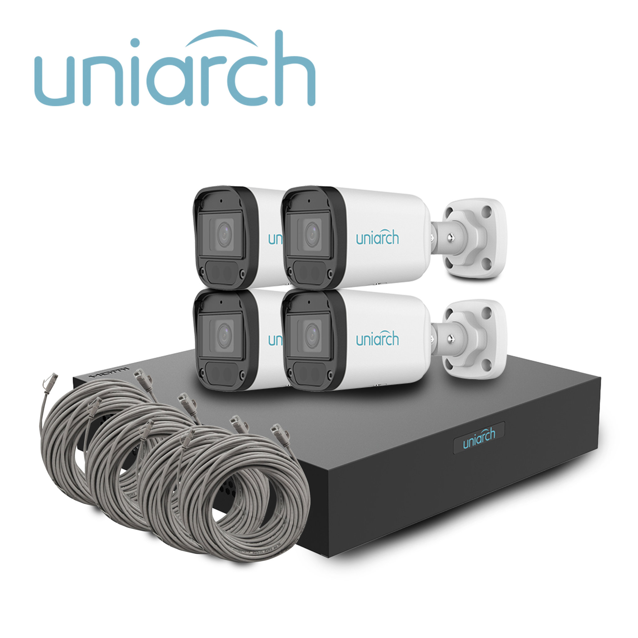 Imagen de KIT UNIARCH IP BULLET 2MP / 4 CÁMARAS TIPO BULLET IPC-B122-APF28K CON LENTE FIJO 2.8 MM / MIC-INTEGRADO / MICROSD-128GB / ULTRA265 / DWDR / DIGITAL-DEFOG / MOTION-DETECTION / ONVIF / 3-AXIS / IR 30M / IP67 / POE-AF