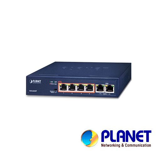 Imagen de SWITCH NO ADMINISTRABLE PLANET FSD-604HP / 6 PUERTOS RJ45 FAST ETHERNET 10/100 MBPS / 4 PUERTOS CON POE 802.3AF/AT (PUERTOS 1 – 4) / 30W POR PUERTO / DIP SWITCH (DISTANCIA DE 100 Y 250 METROS) / 63 WATTS DE CONSUMO / RECINTO DE METAL.