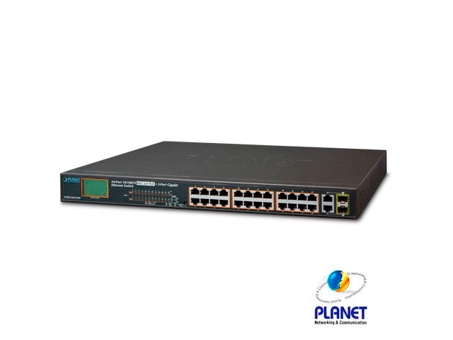 Imagen de SWITCH NO ADMINISTRABLE / PLANET FGSW-2622VHP / 24 PUERTOS RJ45 10/100 MBPS CON ALIMENTACION POE 802.3AT / 2 PUERTOS COMBO RJ45 / SFP 10/100/1000 MPBS / RECINTO DE METAL / MONTAJE EN RACK / 300W PRESUPUESTO POE / DISPLAY LCD.