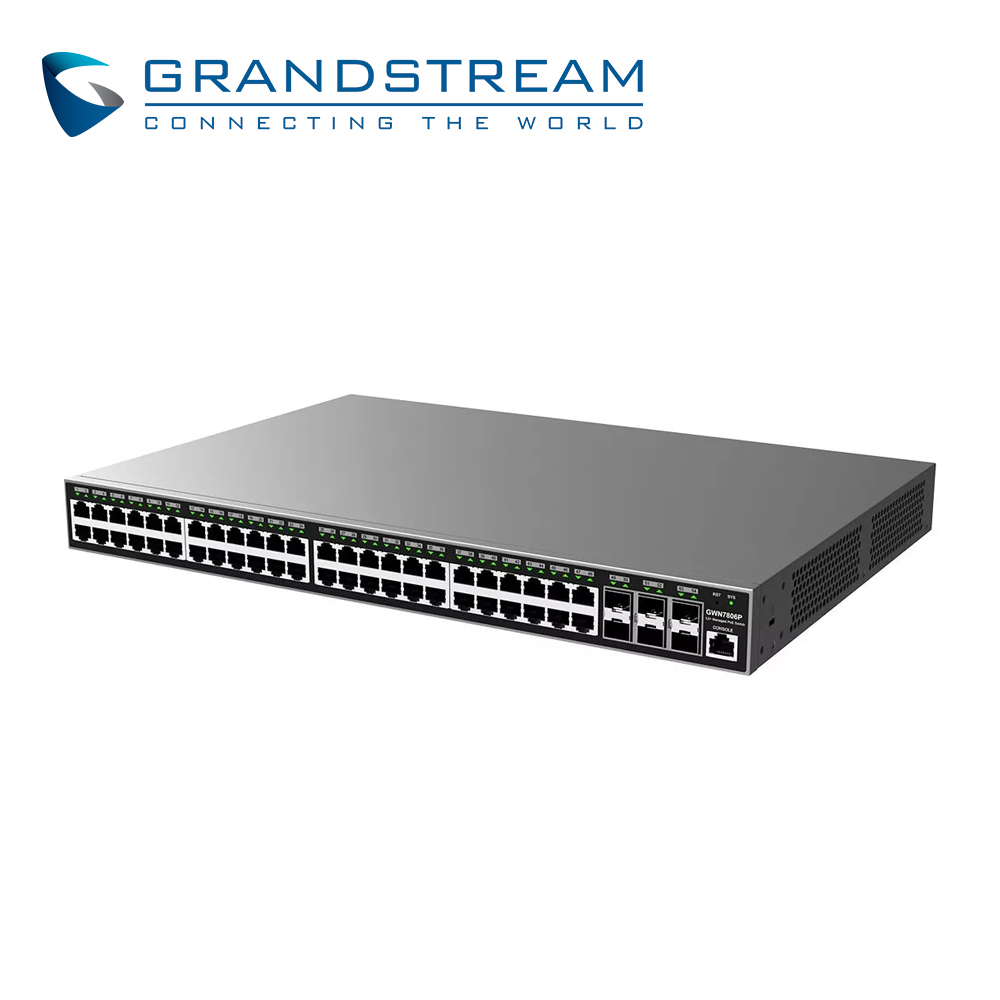 SWITCH ADMINISTRABLE POE+ GRANDSTREAM GWN7806P / 48 PUERTOS 10/100/1,000MBPS / 48 PUERTOS POE+ AF/AT / 6 PUERTOS SFP+ 10GIGABIT / 1 PUERTO DE CONSOLA / QOS / ARP / FILTRADO MAC / VLAN / MODO STACKING HASTA 16 / ADMINISTRACION GWN CLOUD