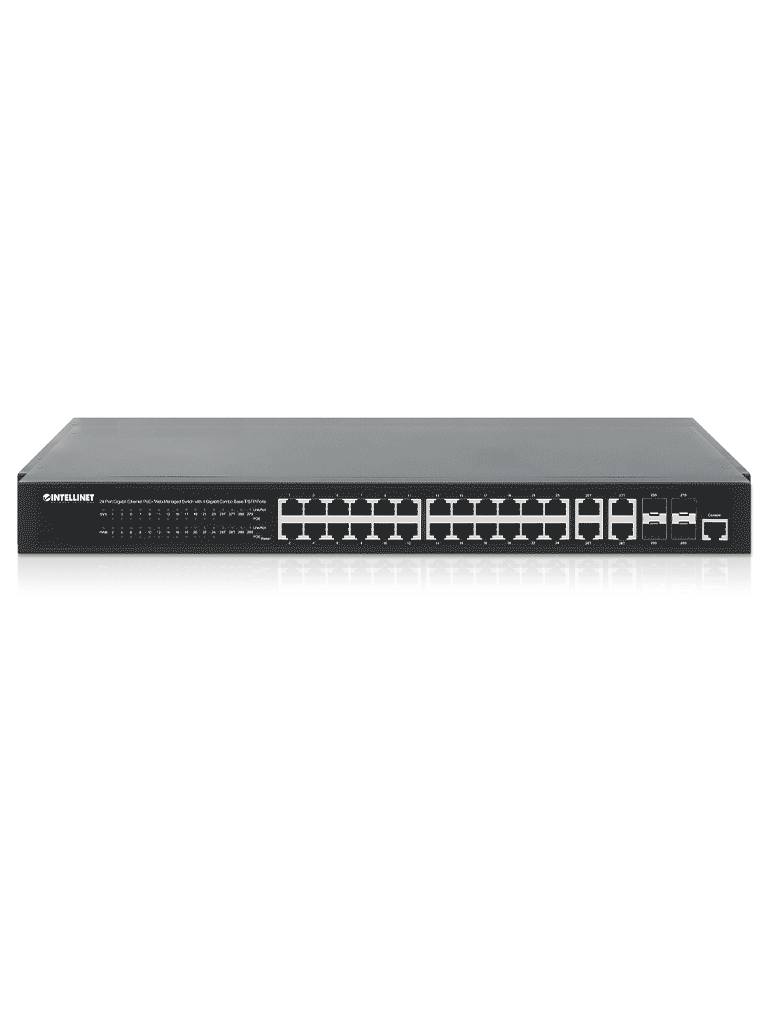 INTELLINET - 561426 - Switch Administrable 24 puertos PoE+ con 4 puertos SFP Gigabit / Switch Administrable 24 puertos PoE+ con 4 puertos Gigabit SFP, IEEE 802.3at/af Power over Ethernet (PoE+/PoE), 370 W, Endspan, Montaje en rack 19"
