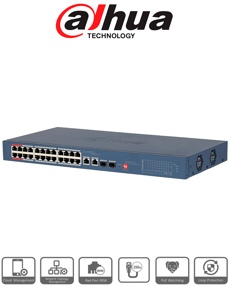 DAHUA DH-CS4226-24ET-240-V2 - Switch PoE de 26 Puertos/ 24 Puertos PoE 10 & 100/ 2Ptos Uplink GE + 2 Puertos SFP/ 2 Ptos PoE de Hasta 90W/ 240 Watts Totales/  Administrable en la Nube por DoLynk Care/ PoE Hasta 250 Metros/ Metal/ Switching 8.8 Gbps