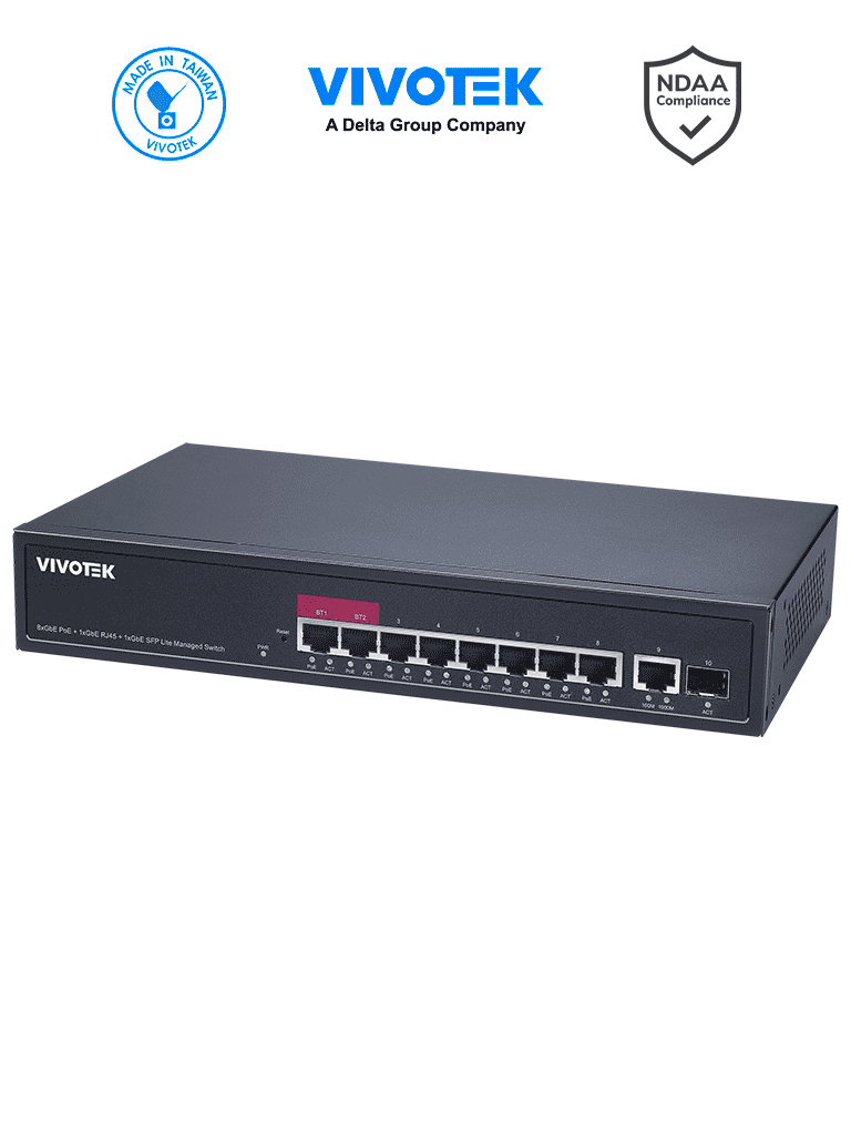 VIVOTEK AW-GEL-105A-110  - Switch PoE administrable, 8 puertos PoE Gigabit, 1 puerto GE, 1 puerto SFP, 20 Gbps, 30W por puerto,110W Totales, PoE Extendido 250mts