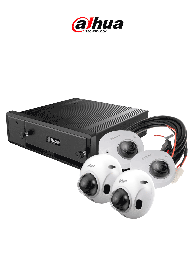 DAHUA FLOTA INTELIGENTE - Paquete de solución móvil IP que incluye: 1 grabador móvil IP de 8 canales, 4 cámaras IP domo de 2 MP (1080p) y el cable extensor de alimentación, Compatible con el software Mobile Center