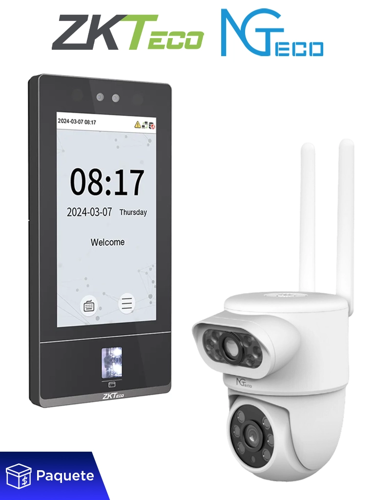 ZKTECO – Paquete de Terminal de Control de Acceso y Asistencia Facial ZKTeco SenseFace 7A con Cámara PTZ WiFi 4 MP NGTeco NGSH01C8AN