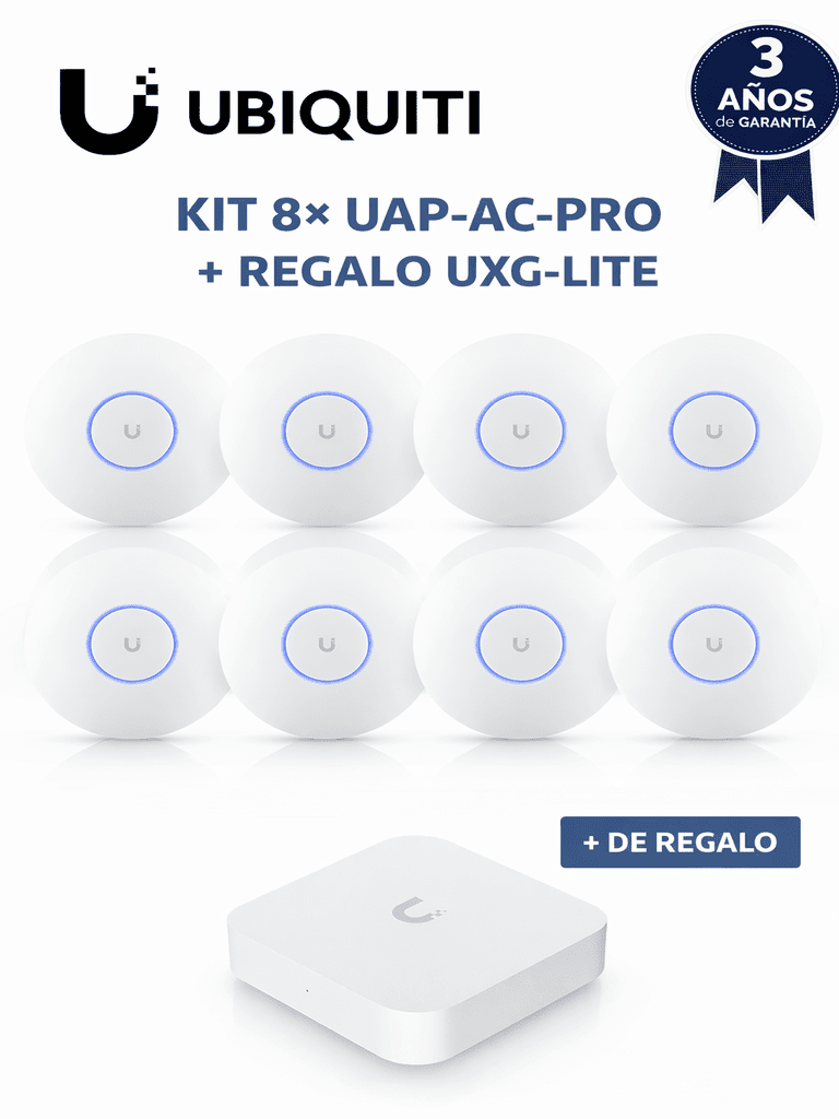 UBIQUITI KIT 8× UAP-AC-PRO + REGALO UXG-LITE – Paquete de 8 puntos de acceso UAP-AC-PRO de doble banda con MU-MIMO y PoE para cobertura Wi-Fi de alta densidad. Incluye de regalo el UXG-Lite para seguridad, routing y gestión centralizada.
