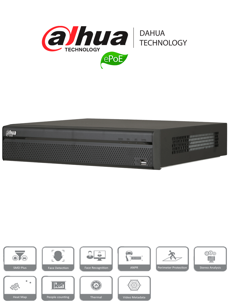 DAHUA NVR5208-8P-4KS2E - NVR 8 Canales IP 4K / H265+ / Rendimiento 320  Mbps / 8 Puertos tecnologia E PoE hasta 800M /  PoE / ANPR /  HDMI / PoS / 2 SATA / P2P / DEWARPING