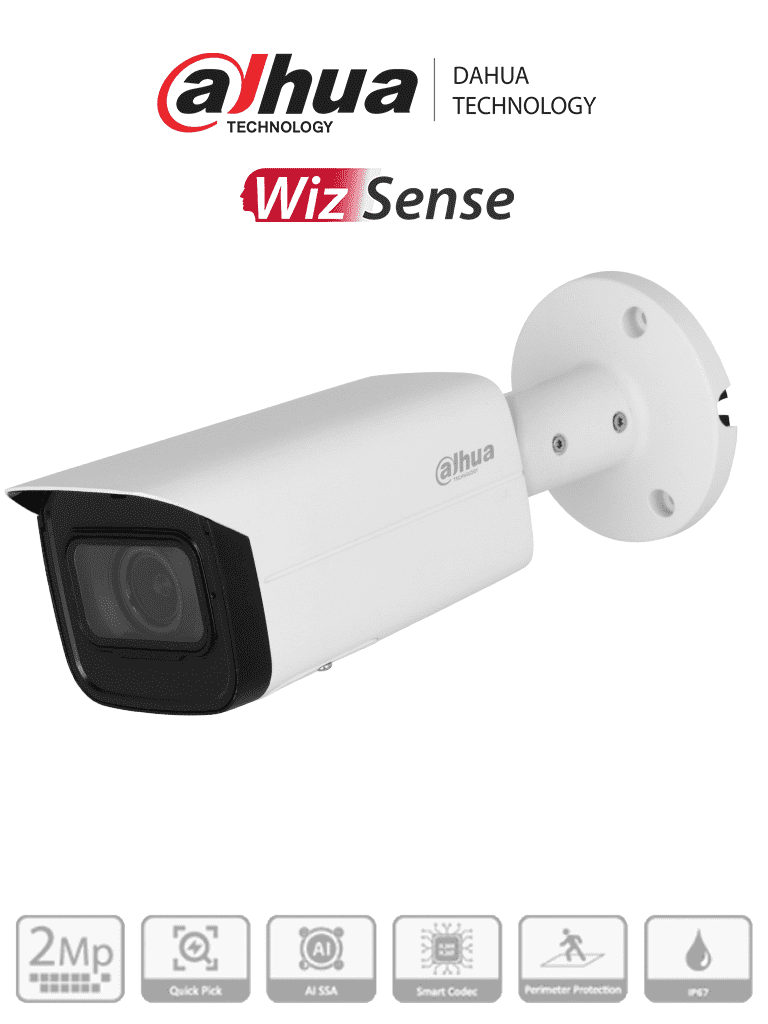 DAHUA IPC-HFW3241T-ZAS-S2 - Cámara IP Bullet de 2MP/WizSense/Lente Motorizado de 2.7 a 13 mm/ IR de 60 Metros/ Micrófono Integrado/ IA/ SMD 4.0/ AI SSA/ QuickPick/ E&S de Alarma y Audio/ IP67/ PoE/Ranura para Micro SD