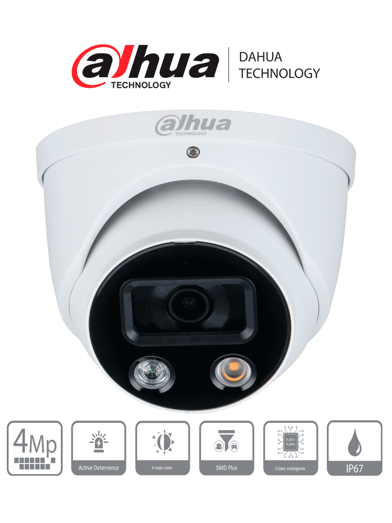 DAHUA DH-IPC-HDW3449H-AS-PV - Camara IP Domo TiOC de 4 Megapixeles/ WizSense/ Lente de 2.8 mm/ Angulo de 101 Grados/ Iluminador Dual/ Sirena/ Estrobo Azul y Rojo/IR 30m/ SMD 4.0/ Microfono Integrado/ Ranura MicroSD/  IP67/ PoE