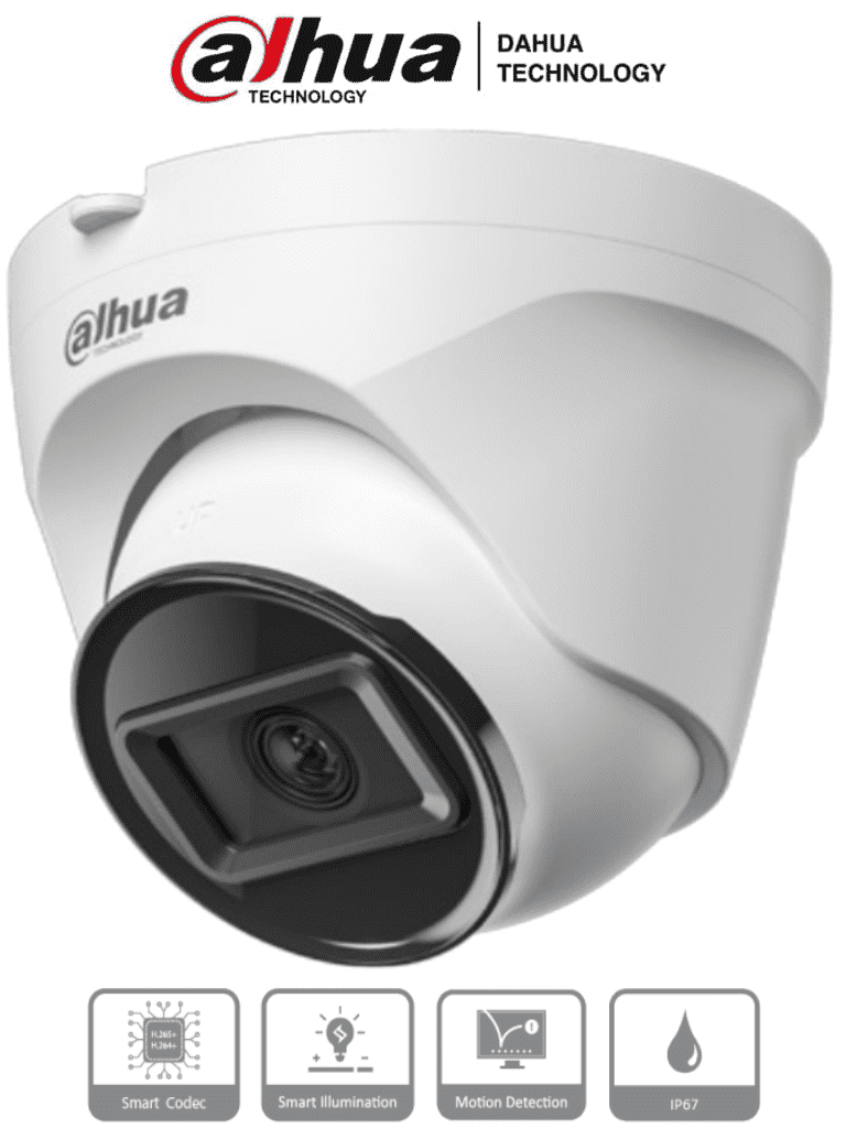 DAHUA IPC-T1E20 -Camara IP Domo de 2 MP, lente de 2.8 mm y 99° de visión. Alcance IR de 30 m, protección IP67 y alimentación PoE. Funciones avanzadas: DWDR, 3D NR, HLC, BLC y compresión H.265+ Ideal para videovigilancia confiable