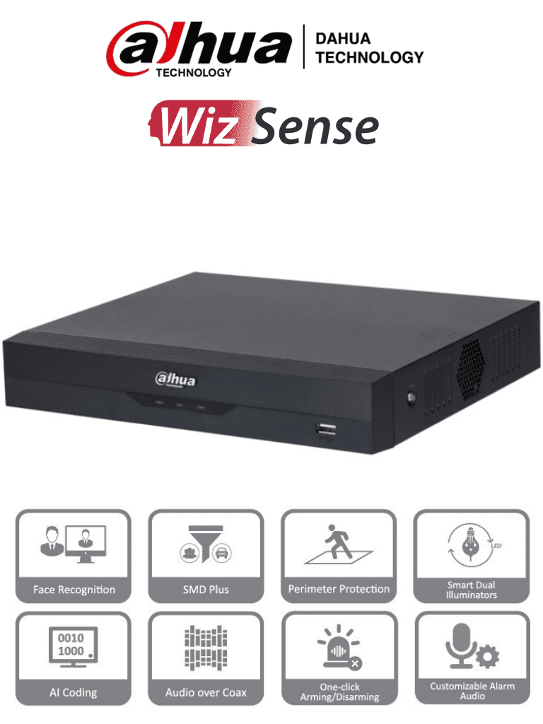 DAHUA XVR5108HS-I3 - DVR de 8 canales 5MP Lite, WizSense con IA, H.265+, 8 Canales Analogos + 4 IP o hasta 12 canales IP, 1 canal de reconocimiento facial, SMD Plus, 1 canal de protección perimetral y 1 bahía HDD