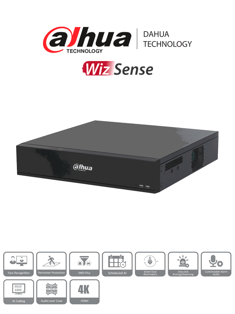 DAHUA DH-XVR7816S-4K-I3 -DVR de 16 Canales 4k/ WizSense/ H.265+/ 8 Bahías de Discos Duros/ +16 Canales IP/ 6 Canales con Reconocimiento Facial/ SMD Plus/ Codificación IA/ IoT & POS/
