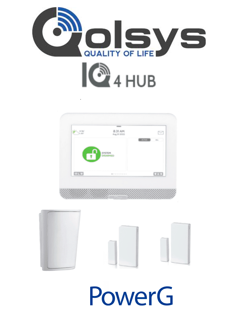 QOLSYS IQ4HUB PACK - Paquete que contiene Sistema de Alarma IQ HUB ALARM.COM autocontenido , con pantalla táctil de 7", Power G 915 Mhz  1 sensor PIR inalámbrico PGP9914 y 2 sensores magnéticos inalámbricos PG9303