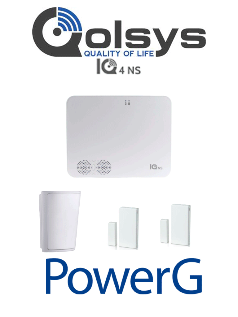 QOLSYS IQNS PACK - Paquete que contiene Sistema de Alarma IQ NS ALARM.COM autocontenido sin pantalla, Power G 915 Mhz  1 sensor PIR inalámbrico PGP9914 y 2 sensores magnéticos inalámbricos PG9303