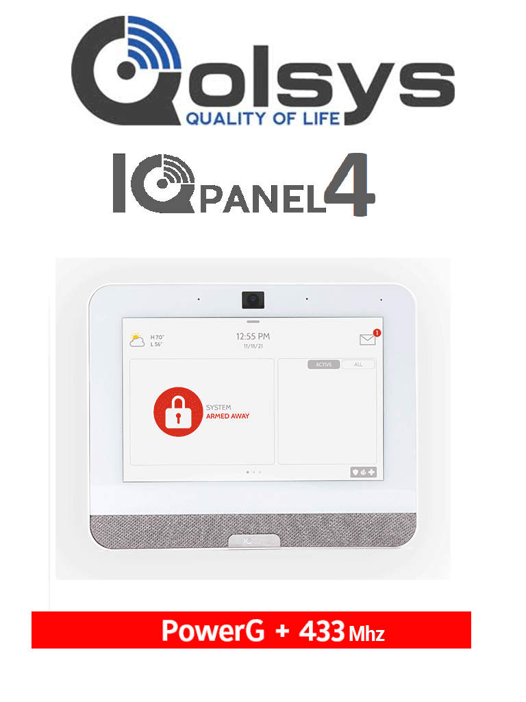 QOLSYS IQP4005 - Sistema de Alarma IQPanel4 Autocontenido , con Pantalla Tactil de 7", Power G 915 Mhz + DSC Serie Power 433 Mhz. Con 4 Bocinas integradas (4W). Para la plataforma Alarm.com