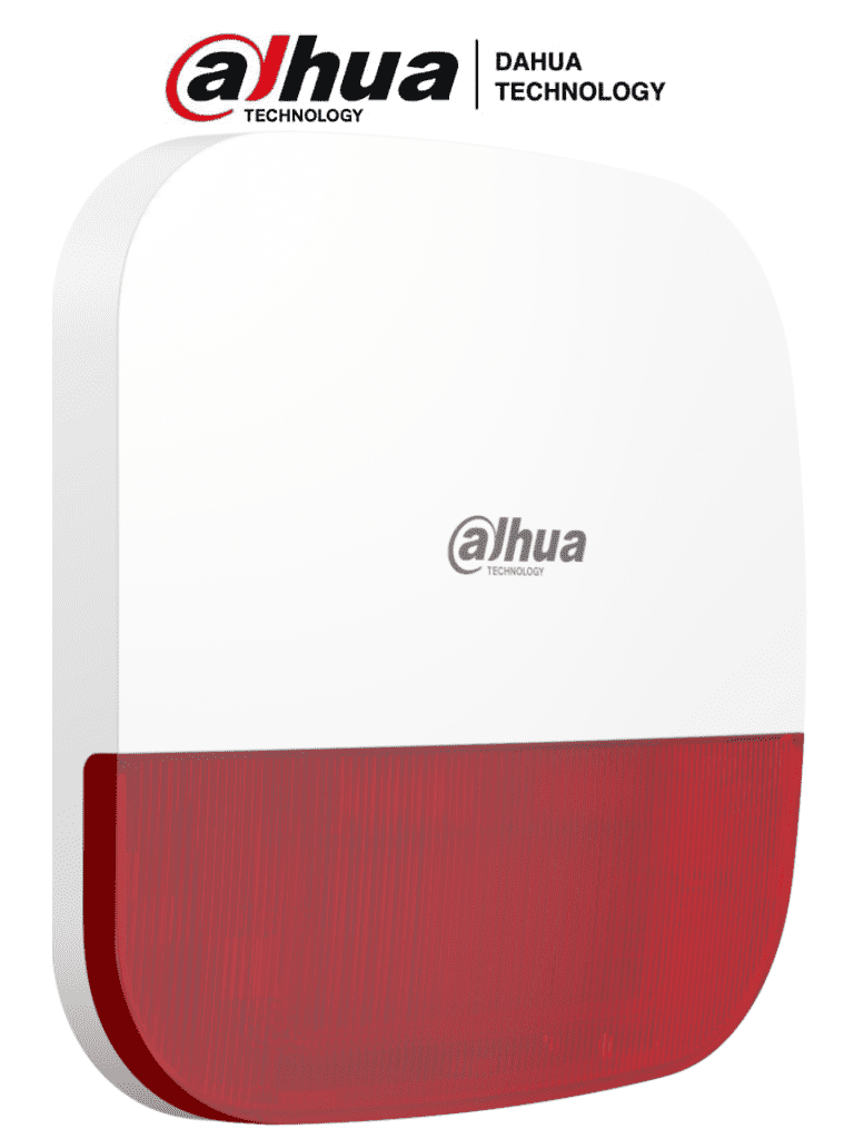 DAHUA DHI-ARA13-W2 - Sirena con estrobo inalámbrica para exterior, Roja, Potencia: 110dB, Múltiples sonidos de alarma, Protección: IP65, Alarma de batería baja, App DMSS, Frecuencia 433 MHz, Tecnología: AirShield, Compatible con HUB 1.0 y HUB 2.0