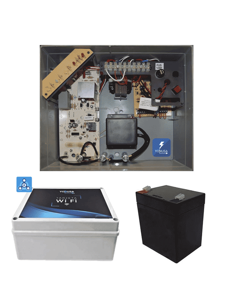 YONUSA PACKEY12000127P - Paquete de energizador de 12,000V para un cerco eléctrico de hasta 3500 mts lineales/ Incluye modulo wifi para manejo y recepción de alertas desde celular/  Batería de respaldo de regalo