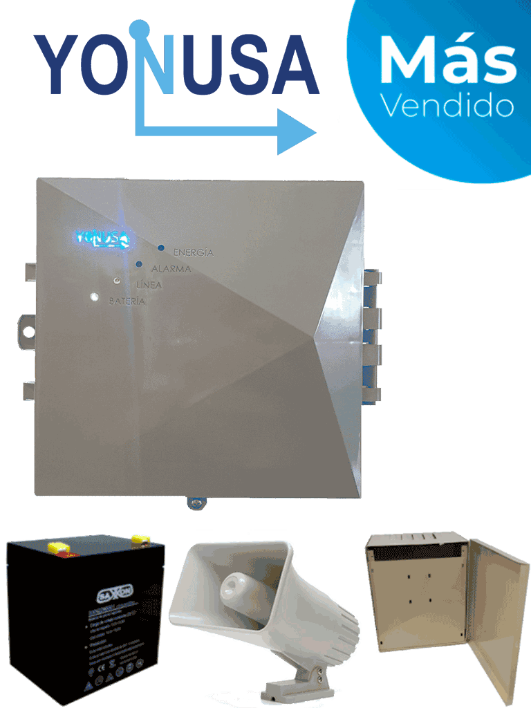 YONUSA EYNG12001BAT - Energizador de nueva generación de12,000 V con hasta 2,500 metros lineales, compatible con modulo Wifi, incluye Sirena de 30W con gabinete metálico y batería de respaldo de 12VDC a 4.5 Ah