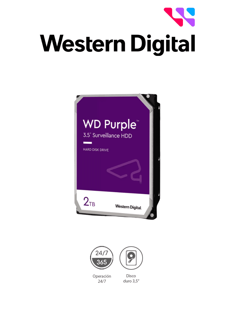 WESTERN DIGITAL WD23PURZ - Disco duro de 2TB / Serie Purple para videovigilancia / Trabajo 24/7/ Interface: Sata 6 Gb/s/ Hasta 64 Cámaras/ Hasta 8 Bahías de Discos Duros/ 3 Años de Garantía