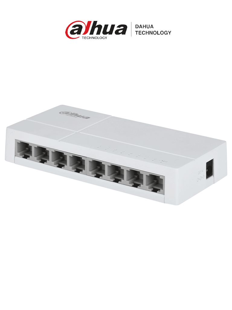 DAHUA DH-SF1008L - Switch de Escritorio con 8 puertos Fast Ethernet (10/100 Mbps), diseño compacto de capa 2, con capacidad de switching de 1.6 Gbps y velocidad de reenvío de paquetes de 1.19 Mpps. Ideal para redes eficientes y compactas.
