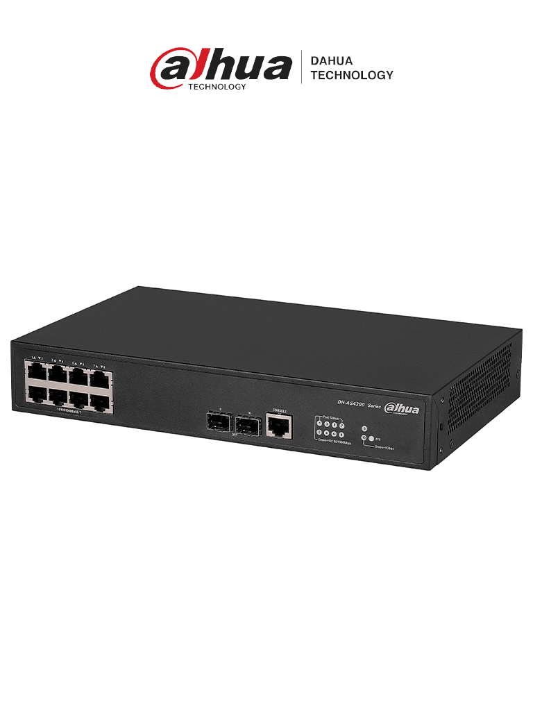 DAHUA DH-AS4300-8GT2GF- Switch Gigabit administrable de capa 2 con 8 puertos10/100/1000 Base-T y2 ranuras SFP d 1Gbps. Ofrece una capacidad de switching de 20Gbps y viene con una robusta carcasa metálica, ideal para redes de alto rendimiento
