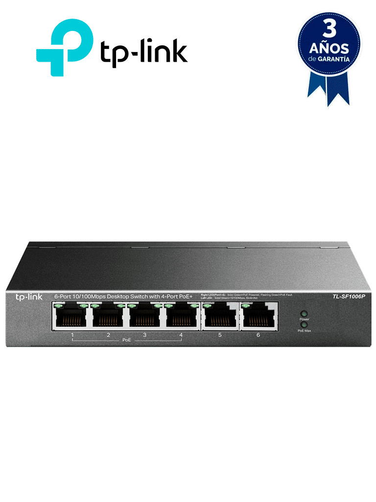 TP-LINK TL-SF1006P -  Switch PoE no administrable con 6 puertos Fast Ethernet, incluyendo 4 puertos PoE AF y AT. Suministro PoE hasta 67W y modo extendido para conexiones de hasta 250m.