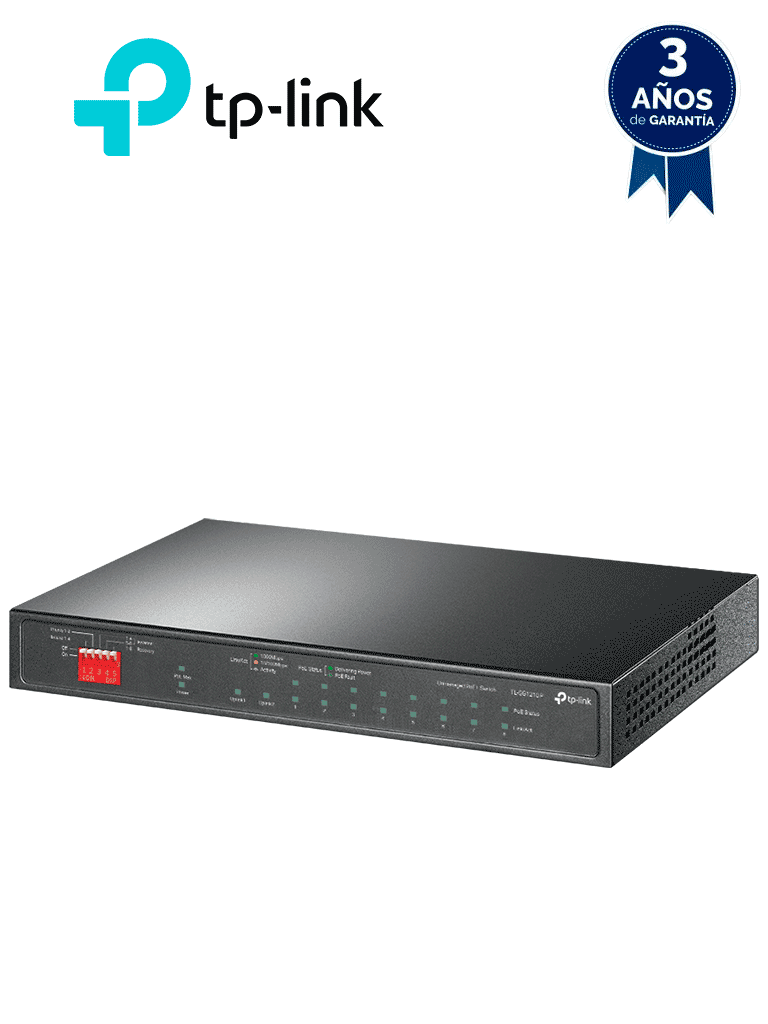 TP-LINK TL-SG1210P -  Switch de escritorio PoE+ no administrable con 8 puertos 10/100/1000 Mbps, 1 puerto 10/100/1000 Mbps (Uplink), 1 puerto SFP y capacidad de suministro de 63W.