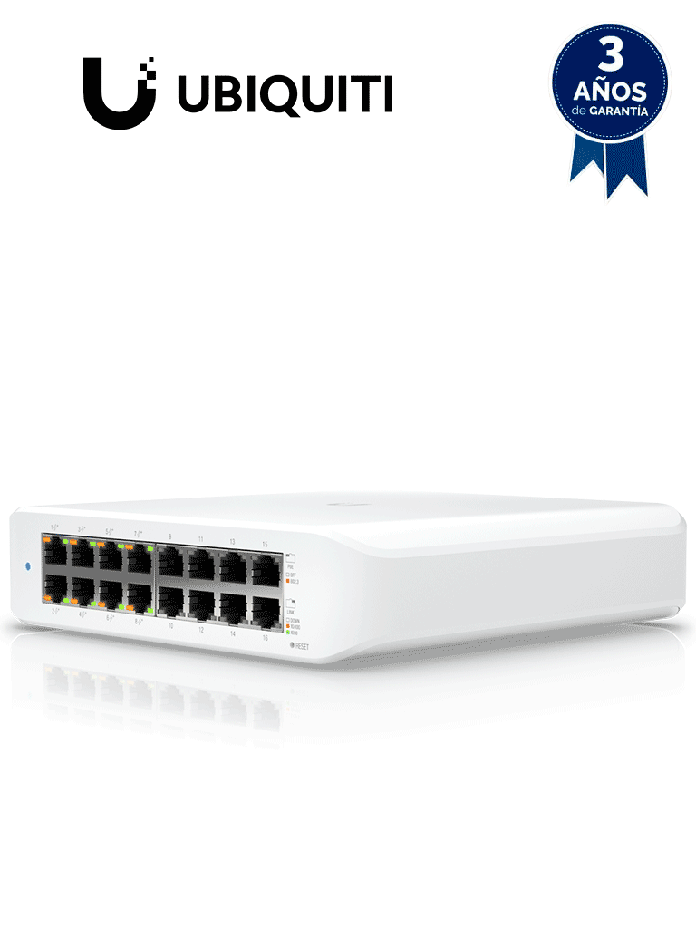 UBIQUITI USW-LITE-16-POE - Switch UniFi Lite, PoE administrable, con 16 puertos 10/100/1000 Mbps y 8 puertos 802.3af/at, con un presupuesto PoE de 45W
