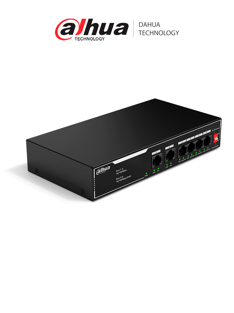 DAHUA  DH-SF1006LP - Switch PoE de 6 Puertos Fast Ethernet/ 4 Puertos PoE 10/100/ 36 Watts Totales/ 2 Puertos Uplink RJ45 10/100/ PoE Watchdog/ Soporta hasta 250mts sobre UTP CAT 6/ Protección Contra Descargas/