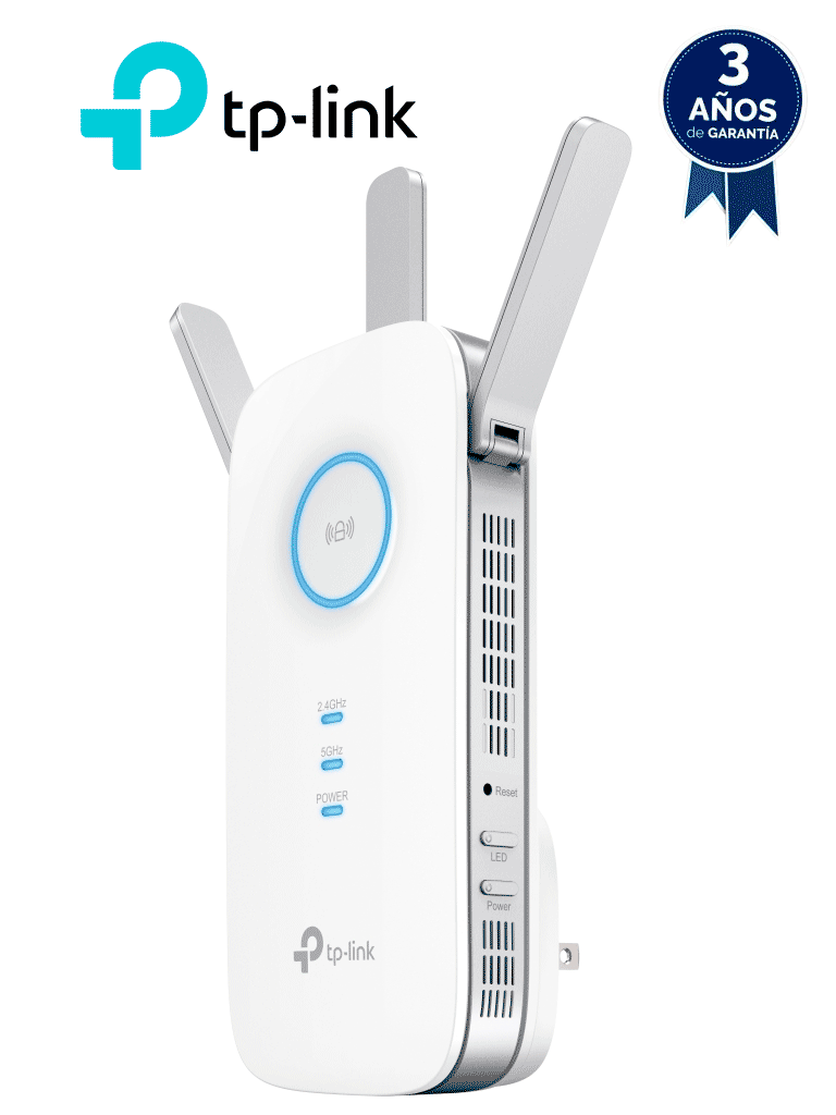 TP-LINK RE450 -  Repetidor de señal WiFi AC1750 de doble banda 2.4GHz (450Mbps) y 5GHz (1300Mbps) con indicador inteligente de señal, modo punto de acceso, 3 antenas externas y 1 puerto Ethernet (RJ45) 10/100/1000Mbps.