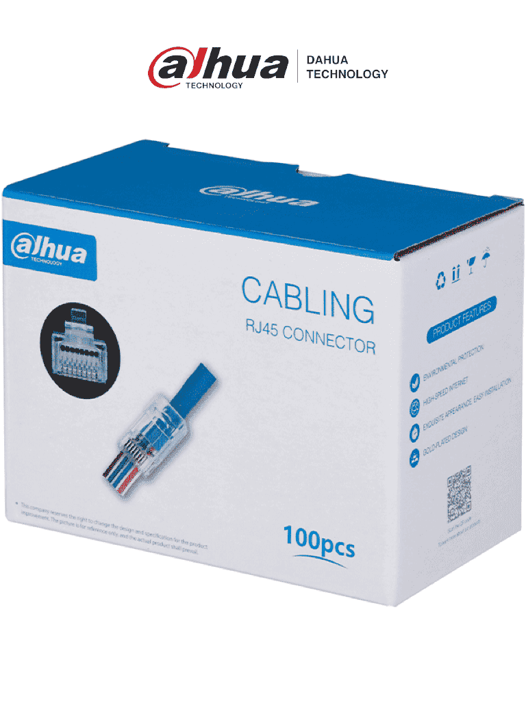 DAHUA PFM976-531-PT - Caja con 100 Plugs Pass through RJ45 Cat5e/ Chapado de Oro de 15 U"/ Clasificación de Resistencia al Fuego UL94V-2 /