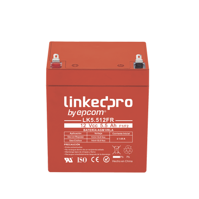 Batería 12 Vcc / 5.5 Ah / UL / Tecnología AGM-VRLA / Vida útil promedio de 5 años / Retardante a la Flama / Para uso en equipo electrónico, Alarmas de Intrusión / Incendio/ Control de acceso / Video Vigilancia / T