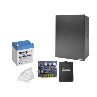 Kit con fuente PLB3 con salida de 12 Vcc a 4 Amper, incluye transformador y batería de 12 V a  5.5 Amper