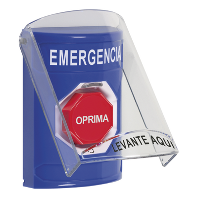 Botón Multipropósito, Color Azul, De Superficie, Con Tapa De Policarbonato, Sin Bocina Prealarma, Para Interior, Girar Para Restablecer, Texto De Emergencia, Español