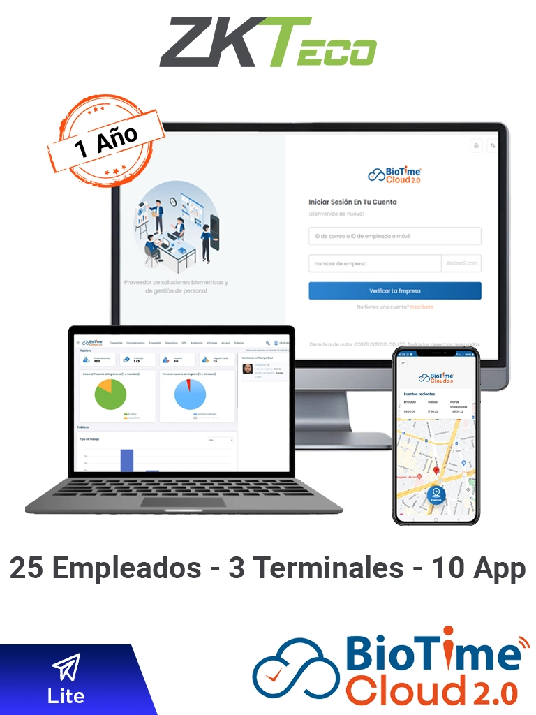 ZKTECO BIOTIMECLOUDLITE - Licencia de Asistencia en la Nube para 25 Empleados, 3 Terminales, 37,500 Eventos y 10 Cuentas de App, Suscripción por un Año