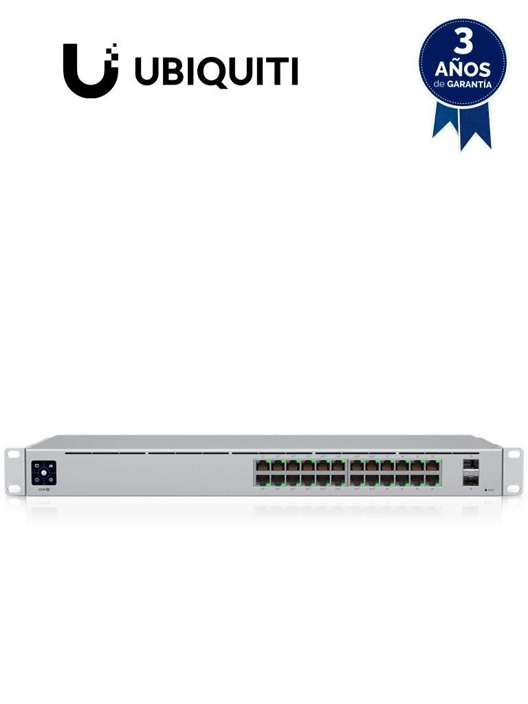 UBIQUITI USW-24-POE UniFi Switch Gen2, Capa 2 de 24 puertos (16 PoE 802.3af/at + 8 Gigabit) + 2 puertos 1G SFP, con 95W de potencia y pantalla informativa.