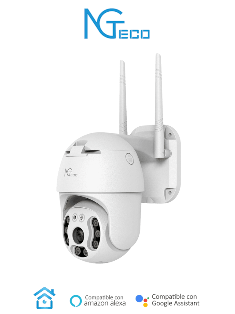 NGTECO NGC4200 - Cámara PTZ WiFi 3MP con lente de 3.6mm, altavoz y micrófono integrados. Audio bidireccional y alcance IR de 20m. Utiliza compresión de vídeo H.265. Compatible con almacenamiento local y en la nube. Funciona con Alexa