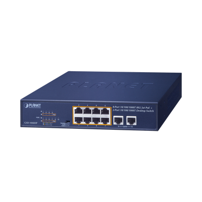 Switch PoE No Administrable, Modo Extendido Hasta 250 m, 10 Puertos 10/100/1000 Mbps, 8 Puertos PoE 802.3af/at, 2 Puertos Uplink, Hasta 120 W