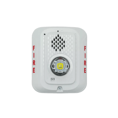 Sirena con Lámpara LED Estroboscópica / a 2 Hilos / Montaje en Pared / 12 o 24 Vcd / Configuración Estroboscópica Seleccionable / Texto en Inglés / Color Blanca