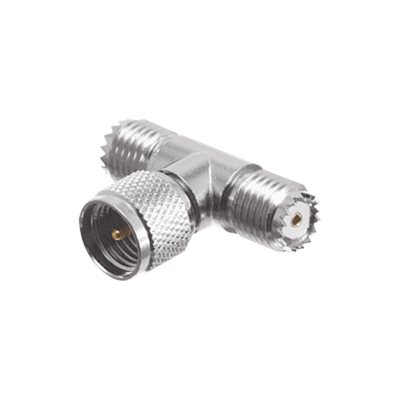 Adaptador en T de Conector Mini-UHF Macho a Doble Mini-UHF Hembra, Níquel/ Plata/ Teflón.