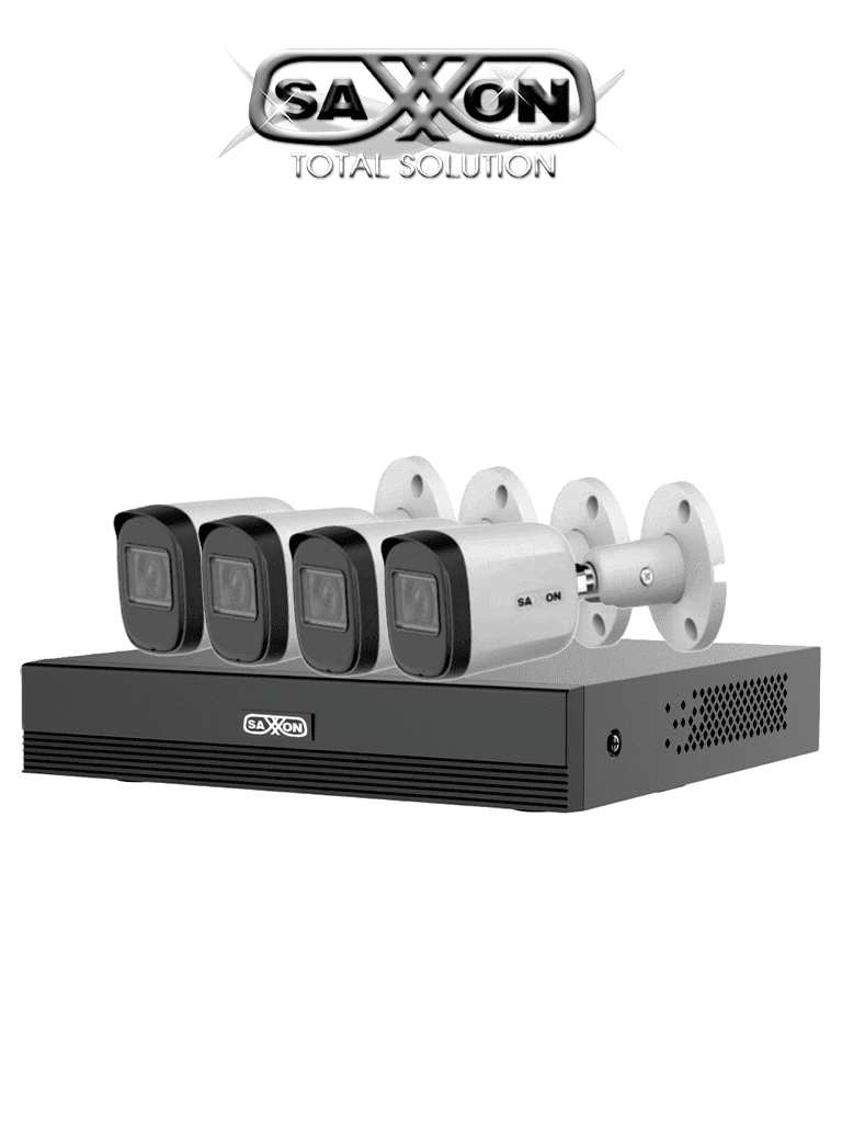 SAXXON SUA-KIT/XVR1E04-I/4-B20M-0280B-Kit de 4Canales HDCVI 1080P/4 Cámaras B20M de 2.8mm con Campo de Visión de Hasta 100°/Grabador Soporta Hasta 5 Canales IP yDetección de Movimiento Inteligente/Cámaras Fabricadas en Metal deAlta Duración