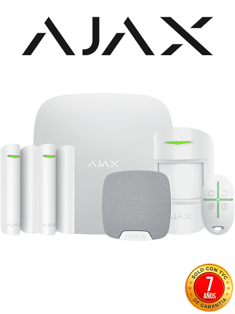 AJAX KIT RESIDENCIAL - Panel de  alarma Hub2Plus conexión Ethernet / WiFi / LTE, APP “AJAX PRO” iOS y Android , 1 sensor de movimiento, 2 detectores para puerta o ventana, 1 control remoto y una sirena interior inalámbrica color Blanco