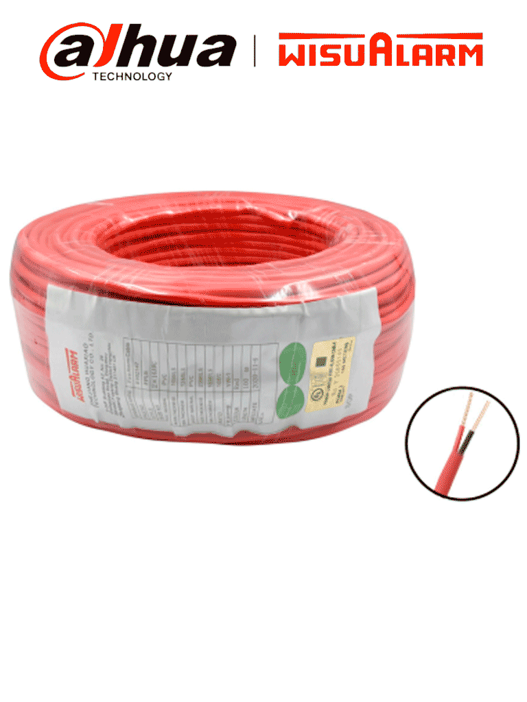 DAHUA WISUALARM 2X16AWG-U- Bobina de 305 metros de cable sin blindaje para alarma de Incendio, Listado por UL, Revestimiento de PVC UL105 °C de alta resistencia al fuego, Fabricado con aislamiento de cloruro de polivinilo UL105 °C altamente ignífugo
