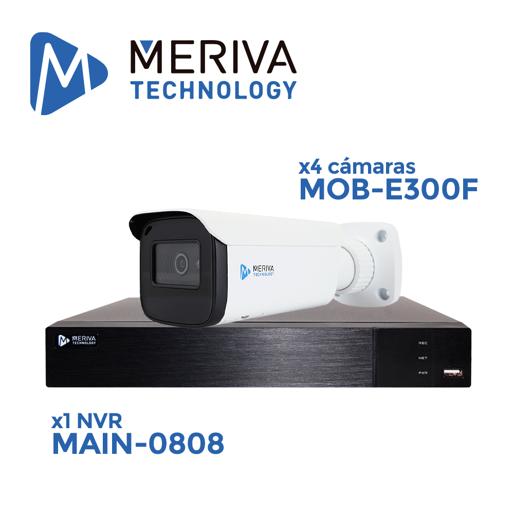 Imagen de KIT RECONOCIMIENTO FACIAL MERIVA TECHNOLOGY MFACIALKIT / INCLUYE 4 CAMARAS BULLET IP 2MP LENTE 3.6MM MOB-E300F + 1 NVR 8CH 8MP 8PTOS POE MAIN-0808