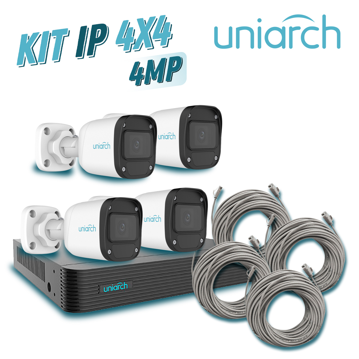 Imagen de KIT 4X4 UNIARCH IP EXTERIOR BULLET 4MP INCLUYE 1 NVR POE 4PTOS + 4 CAM BULLET IP 4MP 2.8MM SLOT MICROSD + 4 CABLES PREPONCHADOS DE 18MTS