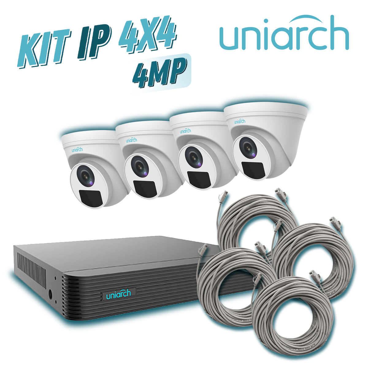 Imagen de KIT 4X4 UNIARCH IP TURRET INTERIOR / EXTERIOR 4MP 1080P INCLUYE 1 NVR POE 4PTOS + 4 CAM TURRET IP 4MP 2.8MM SLOT MICROSD + 4 CABLES PREPONCHADOS DE 18MTS
