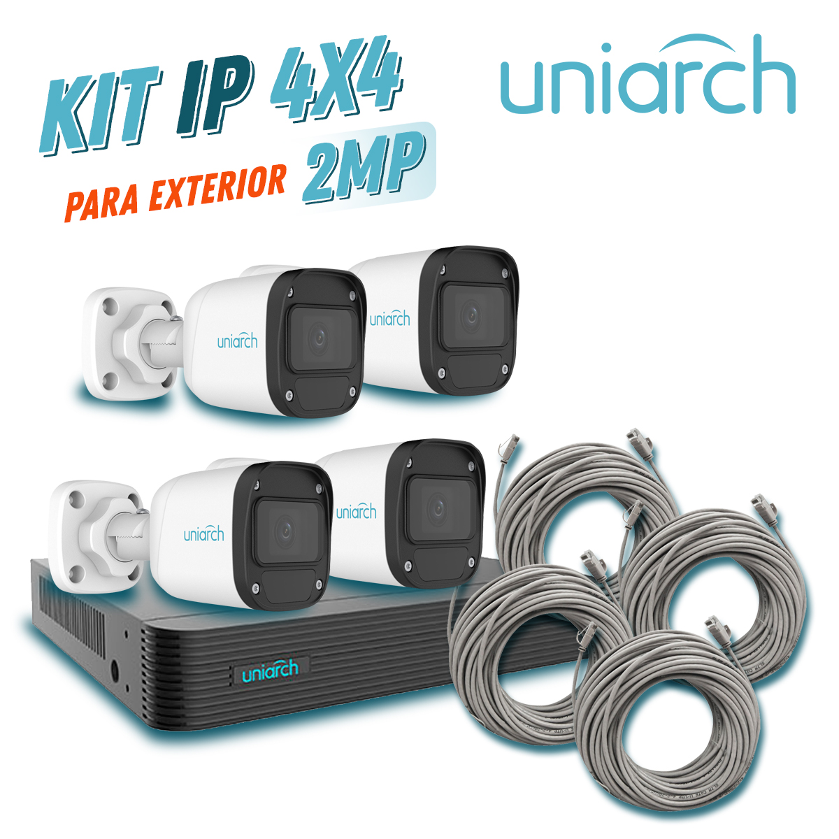 Imagen de KIT 4X4 UNIARCH IP EXTERIOR BULLET 2MP 1080P INCLUYE 1 NVR POE 4PTOS + 4 CAM BULLET IP 2MP 2.8MM SLOT MICROSD + 4 CABLES PREPONCHADOS DE 18MTS